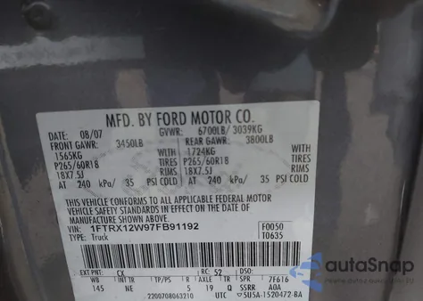 2007 Ford F-150 Stx/Xl/Xlt from USA, damaged, VIN 1FTRX12W97FB91192